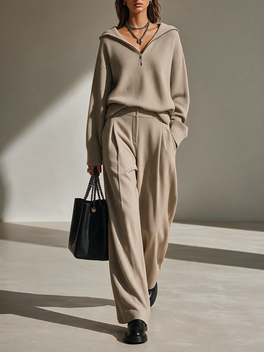 Women's Hooded Collar Knit Top And Wide-Leg Pants Set MDZ2576H6CMX