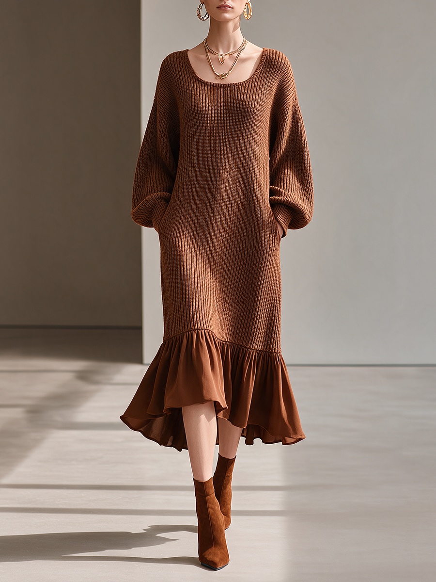 Women's U-Neck Balloon-Sleeve Ruffle-Hem Knit Midi Dress MDZ2612H8CMX