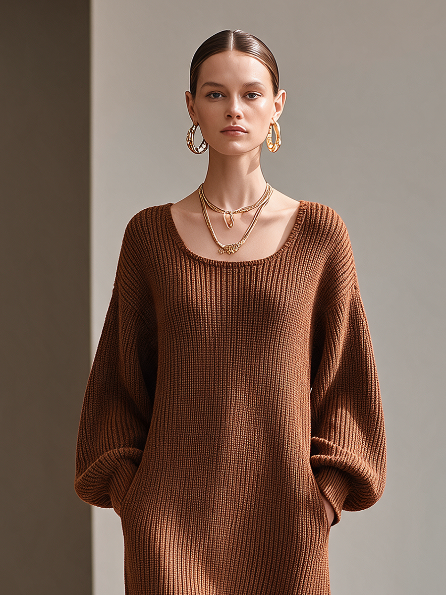 Women's U-Neck Balloon-Sleeve Ruffle-Hem Knit Midi Dress MDZ2612H8CMX