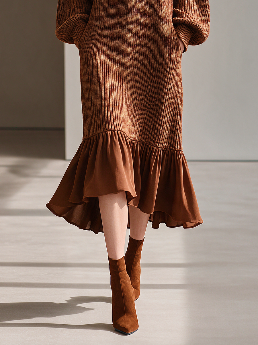 Women's U-Neck Balloon-Sleeve Ruffle-Hem Knit Midi Dress MDZ2612H8CMX