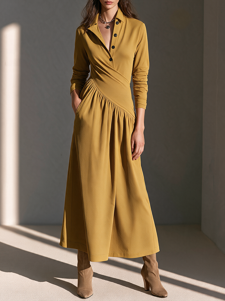 Women's Collared Half-Placket Long-Sleeve Ruched Maxi Dress MDZ2737H2CMX