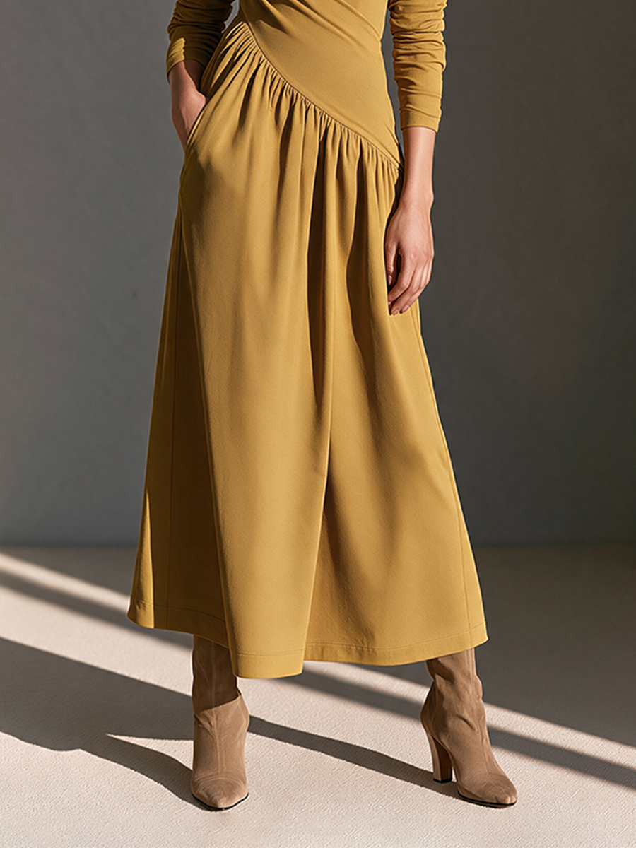 Women's Collared Half-Placket Long-Sleeve Ruched Maxi Dress MDZ2737H2CMX