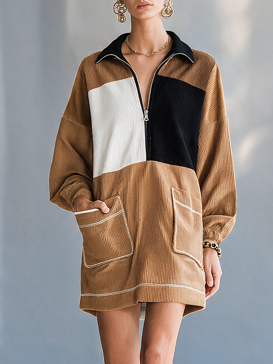 Women's Collared Half-Zip Colorblock Drop-Shoulder Long-Sleeve Corduroy Mini Dress MDZ2713H0CMX