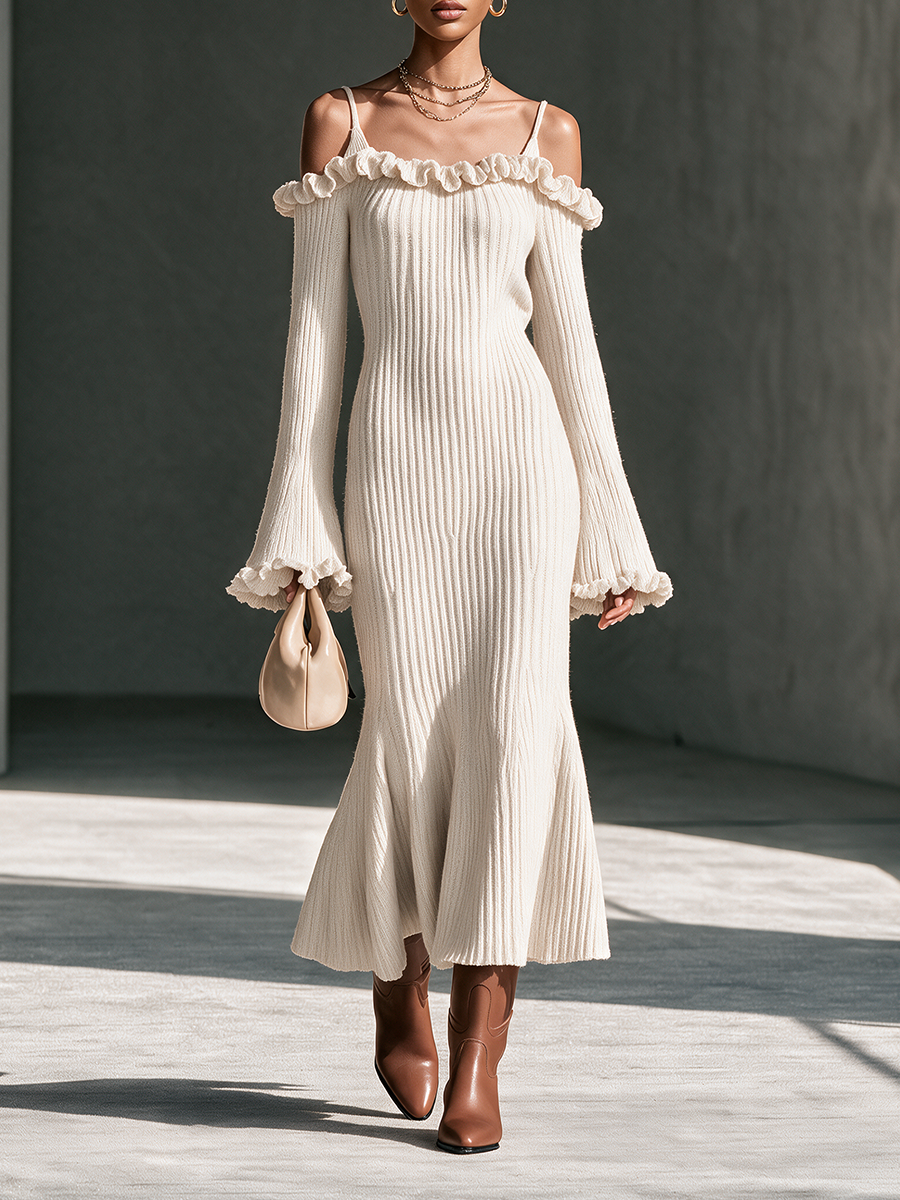 Women's Cami Off-Shoulder Frill-Trim Flare-Sleeve Fishtail Wool-Knit Maxi Dress MDZ2891H6CMX