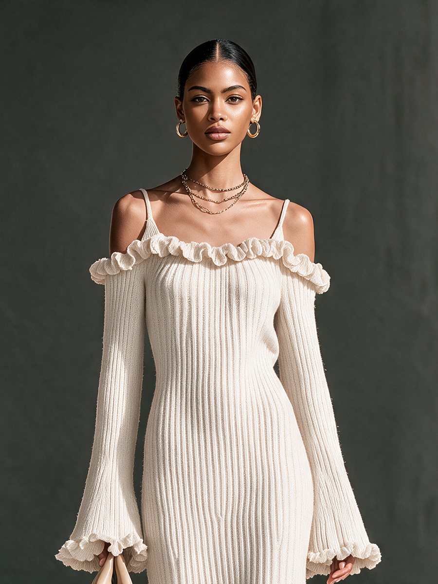 Women's Cami Off-Shoulder Frill-Trim Flare-Sleeve Fishtail Wool-Knit Maxi Dress MDZ2891H6CMX
