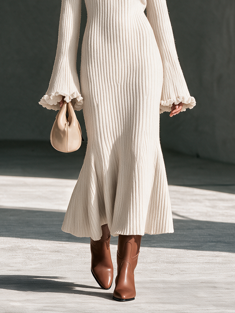 Women's Cami Off-Shoulder Frill-Trim Flare-Sleeve Fishtail Wool-Knit Maxi Dress MDZ2891H6CMX