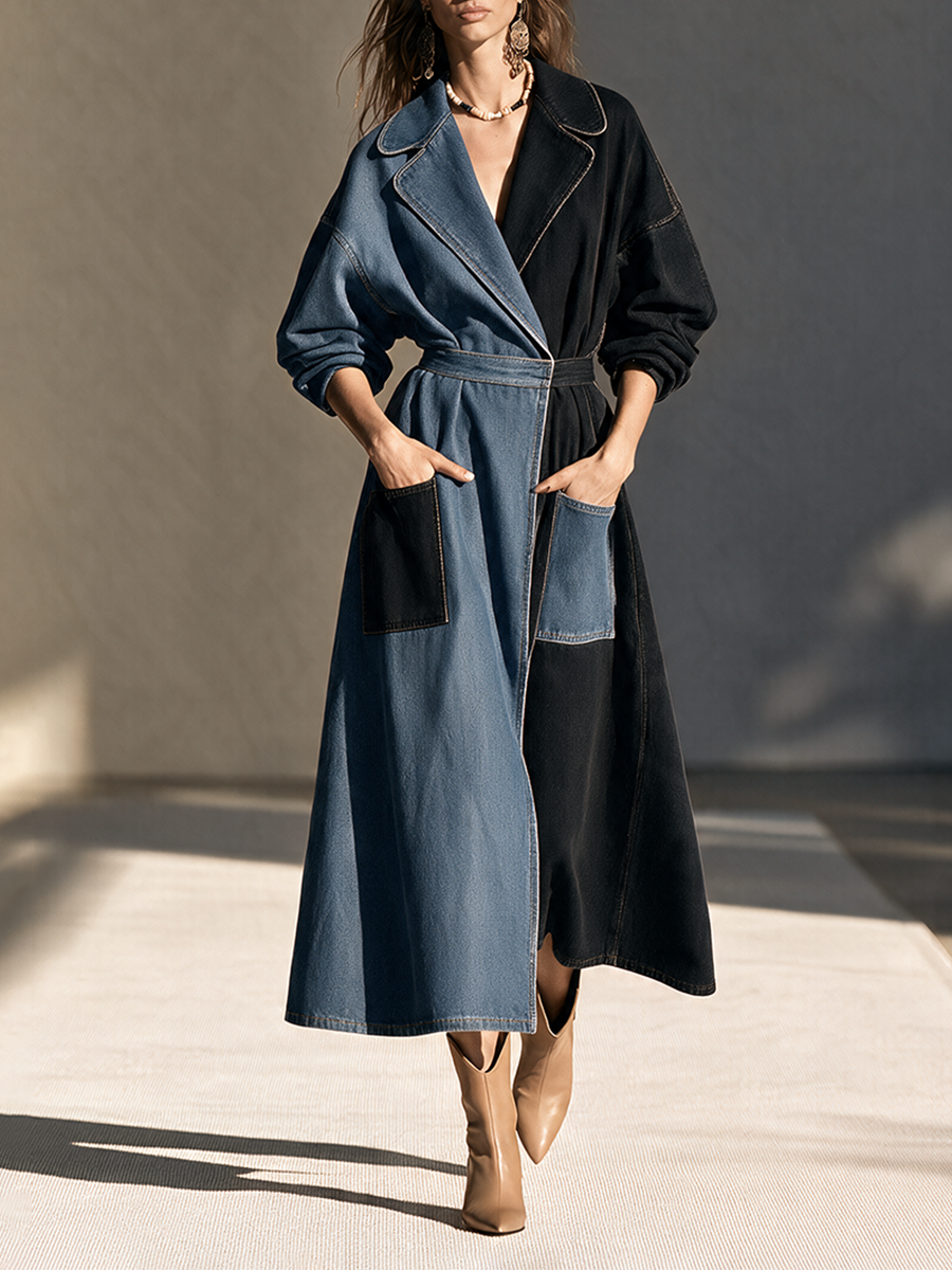 Women's Collared Colorblock Drop-Shoulder Long-Sleeve Denim Long Coat MDZ2868H5CMX