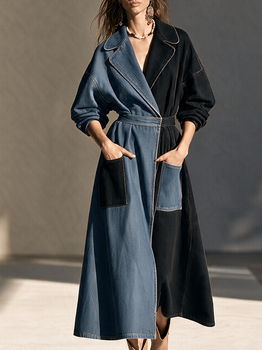 Women's Collared Colorblock Drop-Shoulder Long-Sleeve Denim Long Coat MDZ2868H5CMX