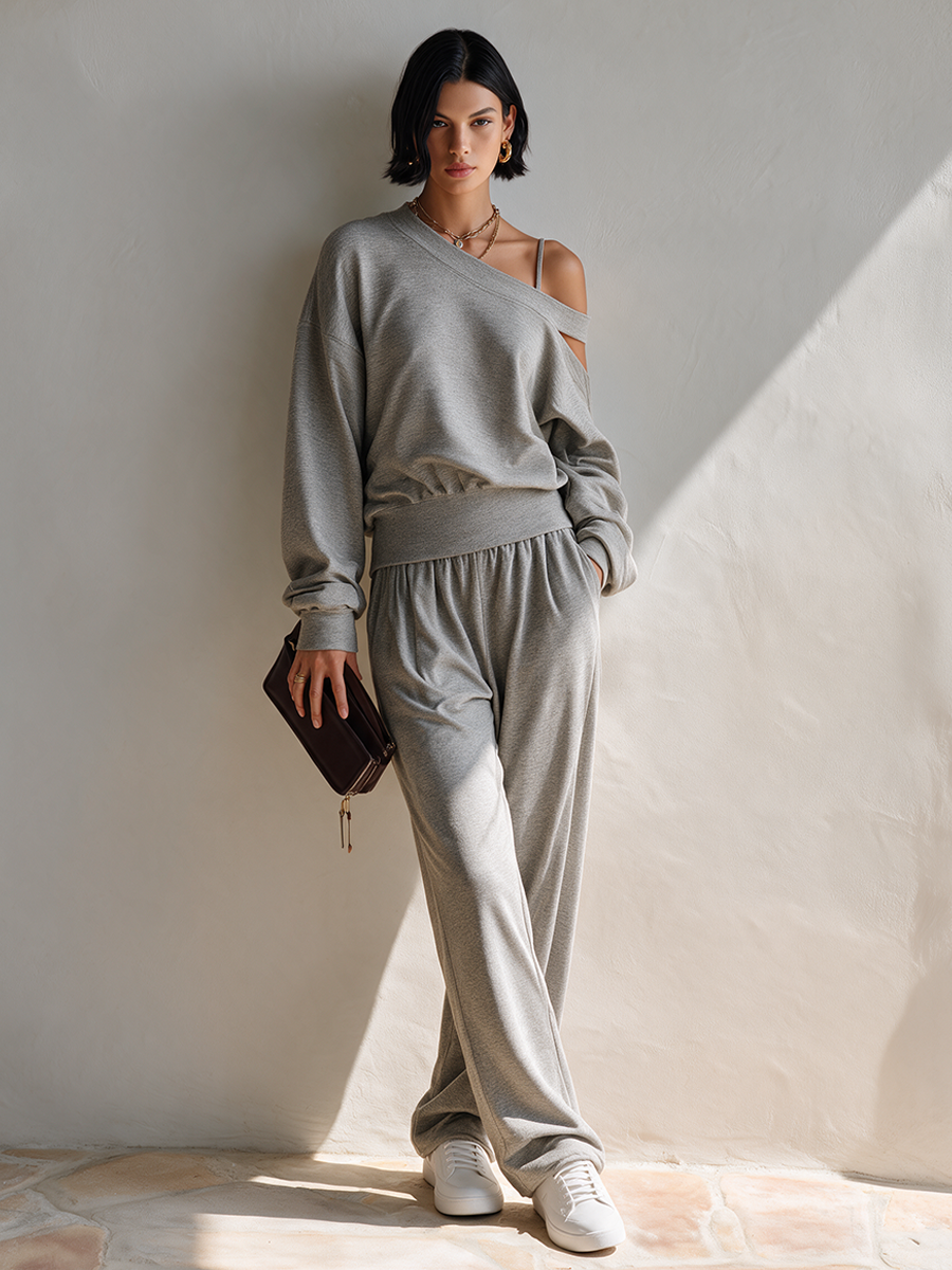 Women's Asymmetric Off-Shoulder Knit Sweat-Fabric Set MDZ0153I8ZRK