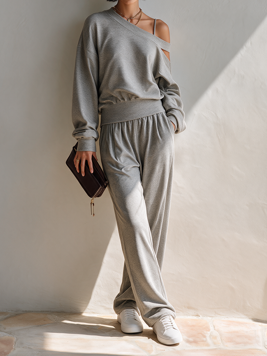 Women's Asymmetric Off-Shoulder Knit Sweat-Fabric Set MDZ0153I8ZRK