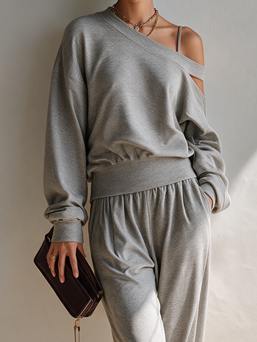 Women's Asymmetric Off-Shoulder Knit Sweat-Fabric Set MDZ0153I8ZRK