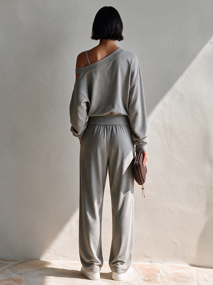 Women's Asymmetric Off-Shoulder Knit Sweat-Fabric Set MDZ0153I8ZRK
