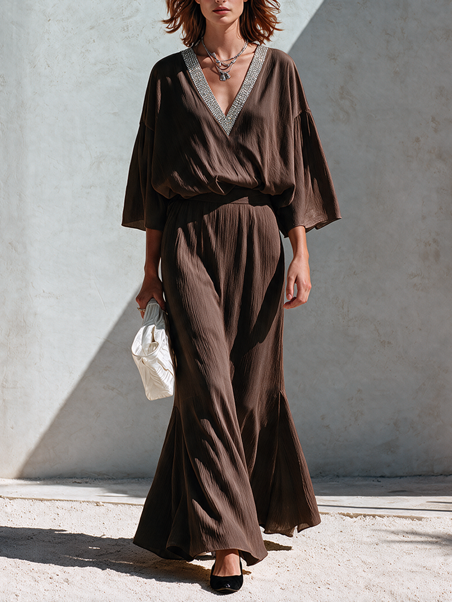 Women's Elegant V-Neck Sequin-Accented Maxi Dress MDZ0170I4ZRK