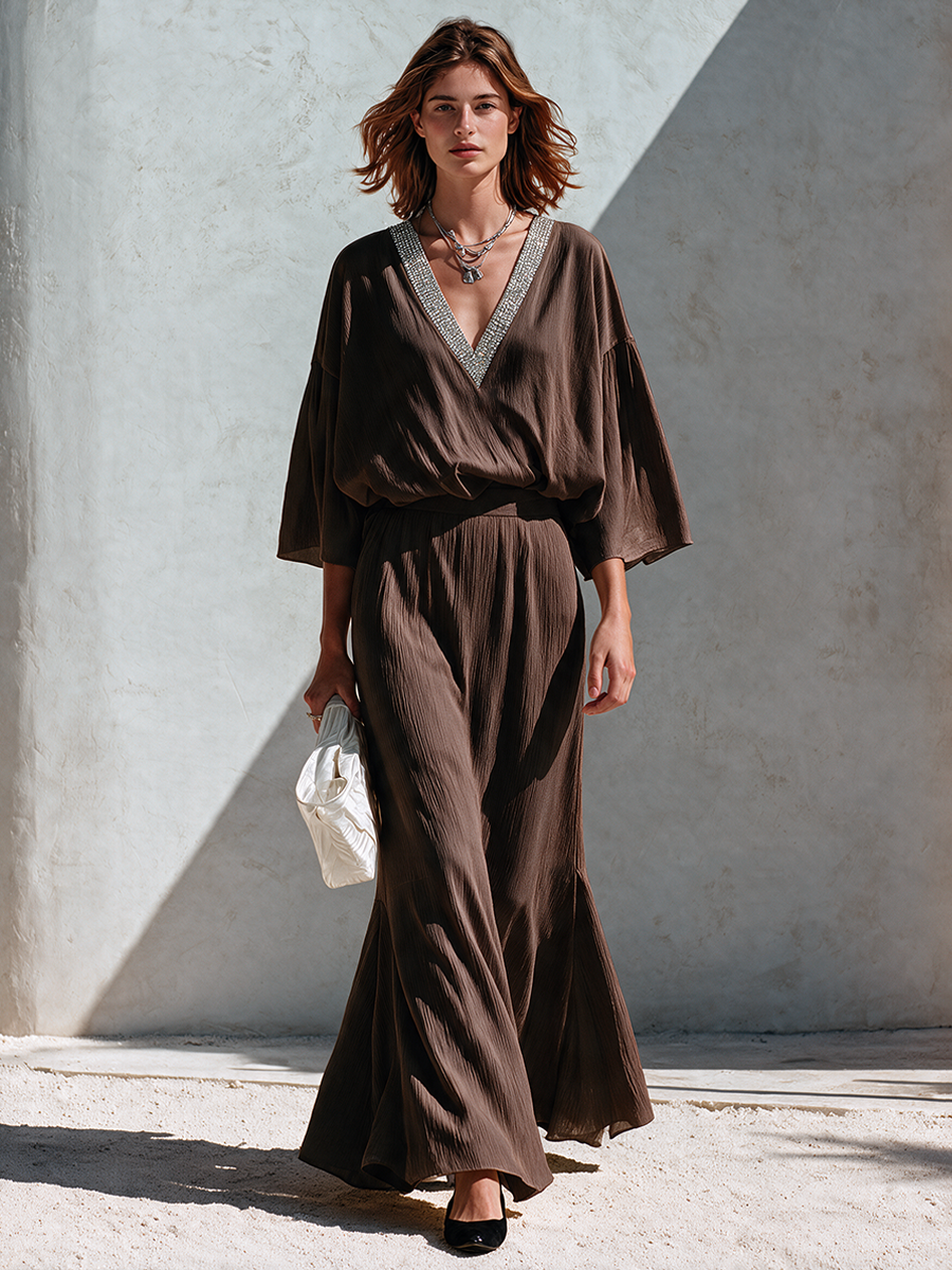 Women's Elegant V-Neck Sequin-Accented Maxi Dress MDZ0170I4ZRK