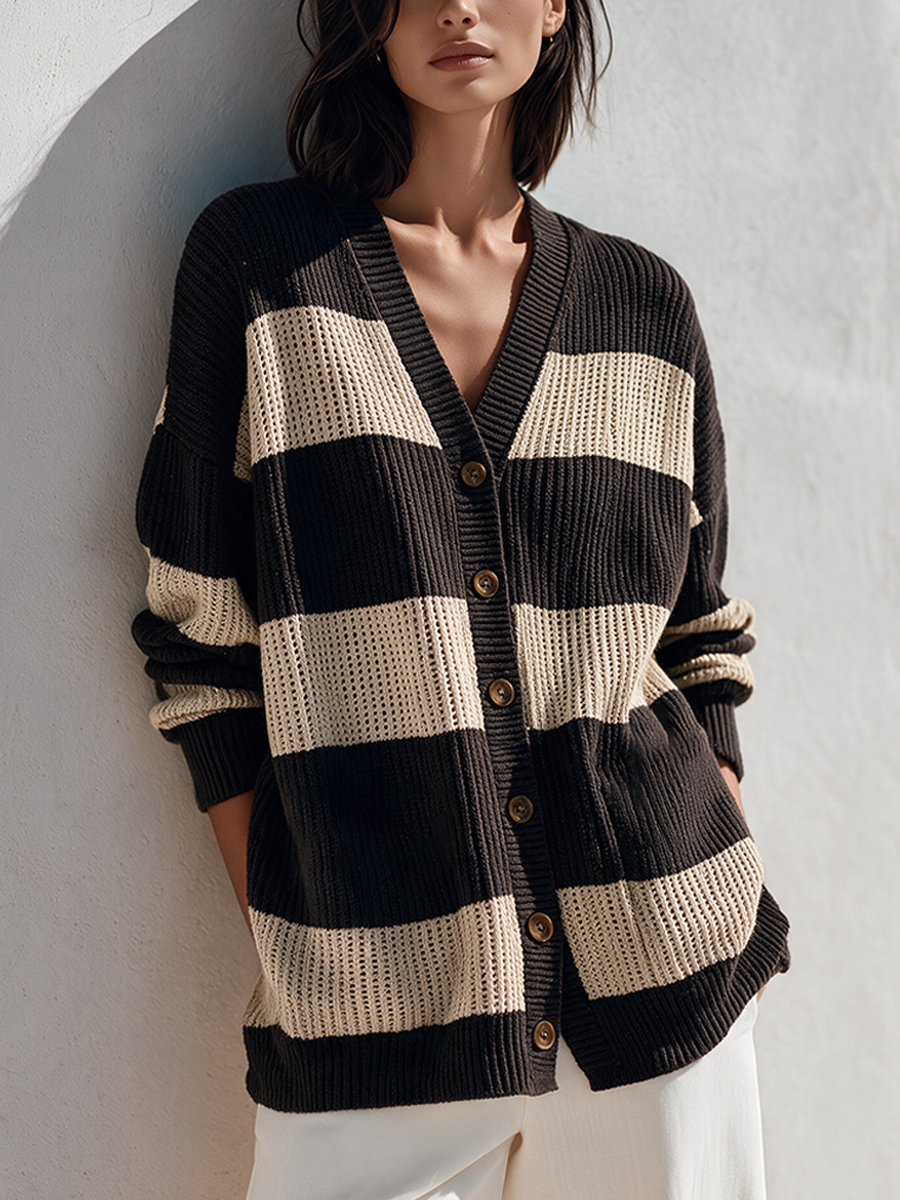 Women's Color-Block Striped V-Neck Knit Cardigan MDZ0153I4ZRK
