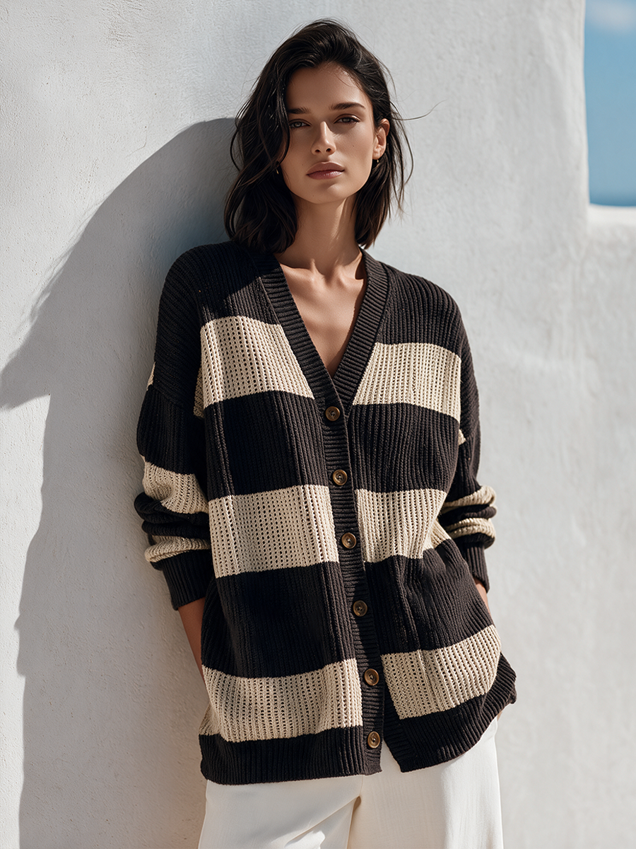 Women's Color-Block Striped V-Neck Knit Cardigan MDZ0153I4ZRK