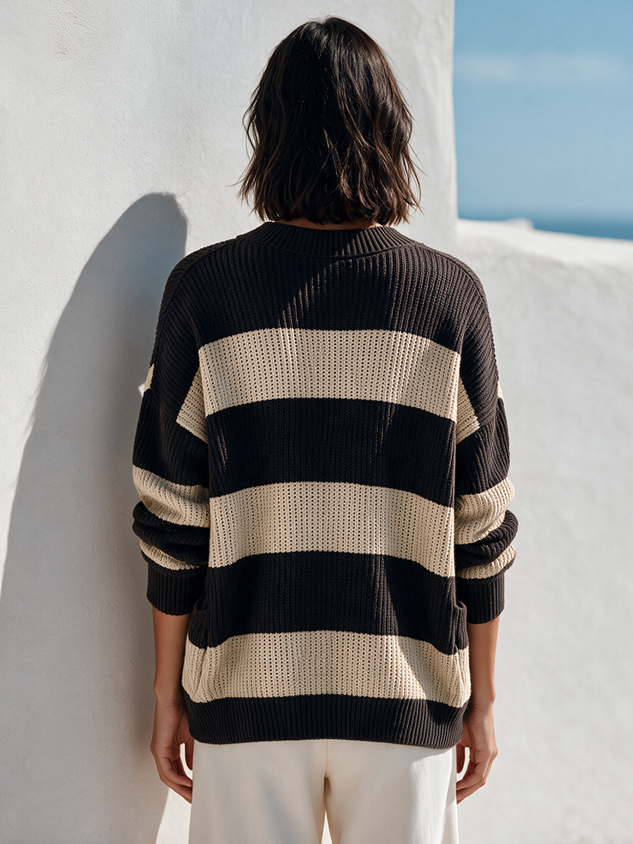 Women's Color-Block Striped V-Neck Knit Cardigan MDZ0153I4ZRK