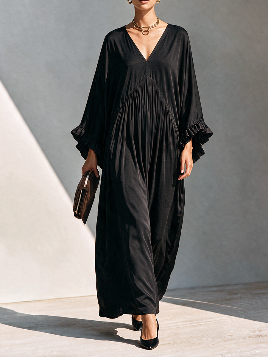 Women's Loose V-Neck Faux-Silk Maxi Dress MDZ0171I9ZRK