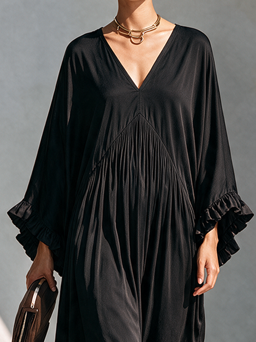 Women's Loose V-Neck Faux-Silk Maxi Dress MDZ0171I9ZRK