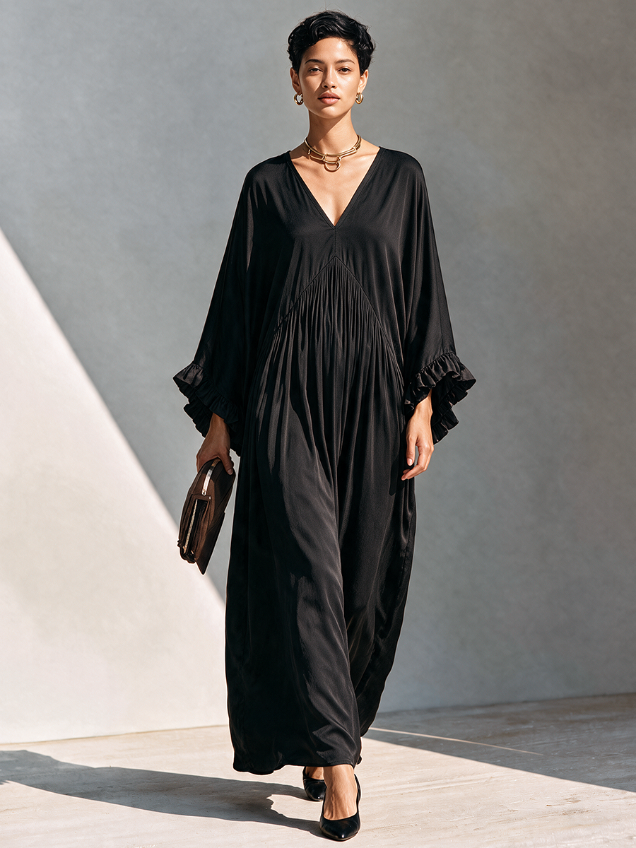 Women's Loose V-Neck Faux-Silk Maxi Dress MDZ0171I9ZRK
