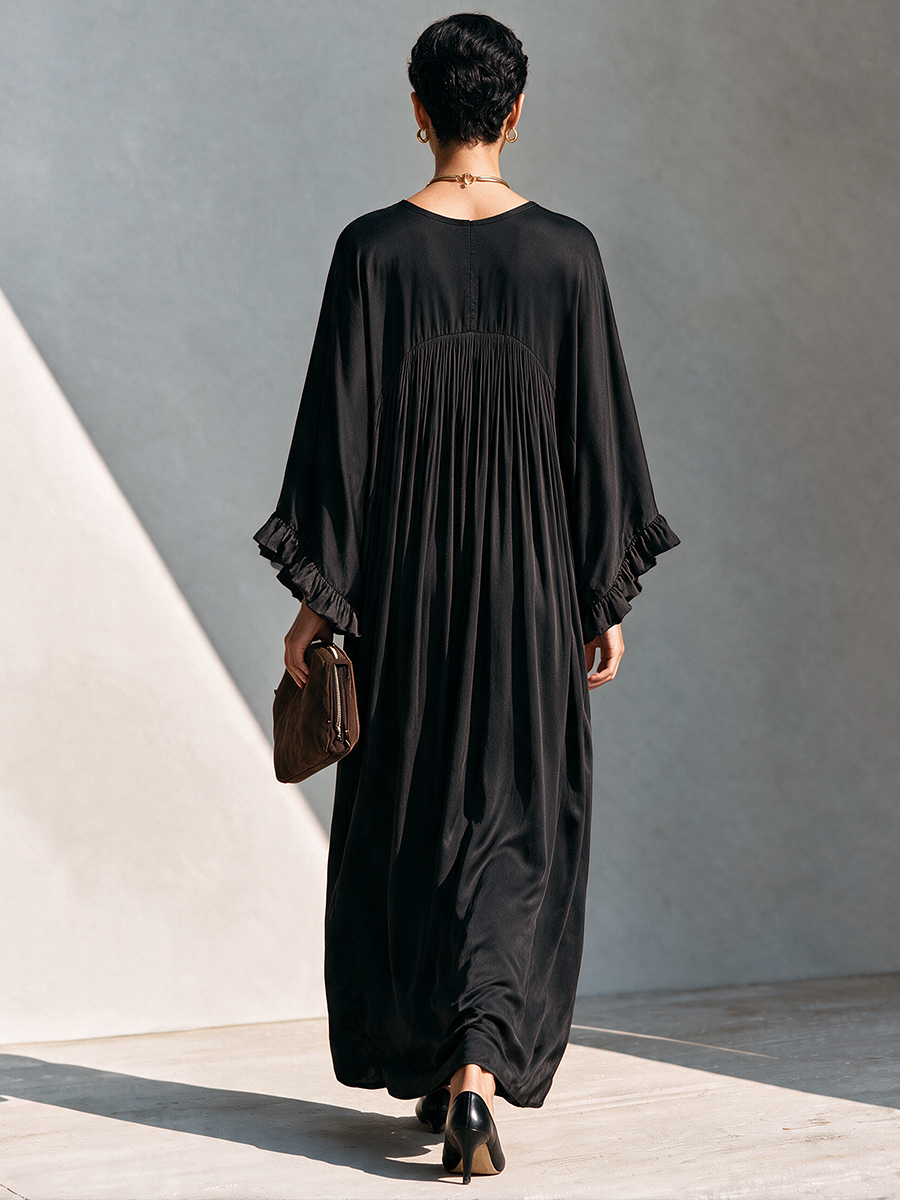 Women's Loose V-Neck Faux-Silk Maxi Dress MDZ0171I9ZRK