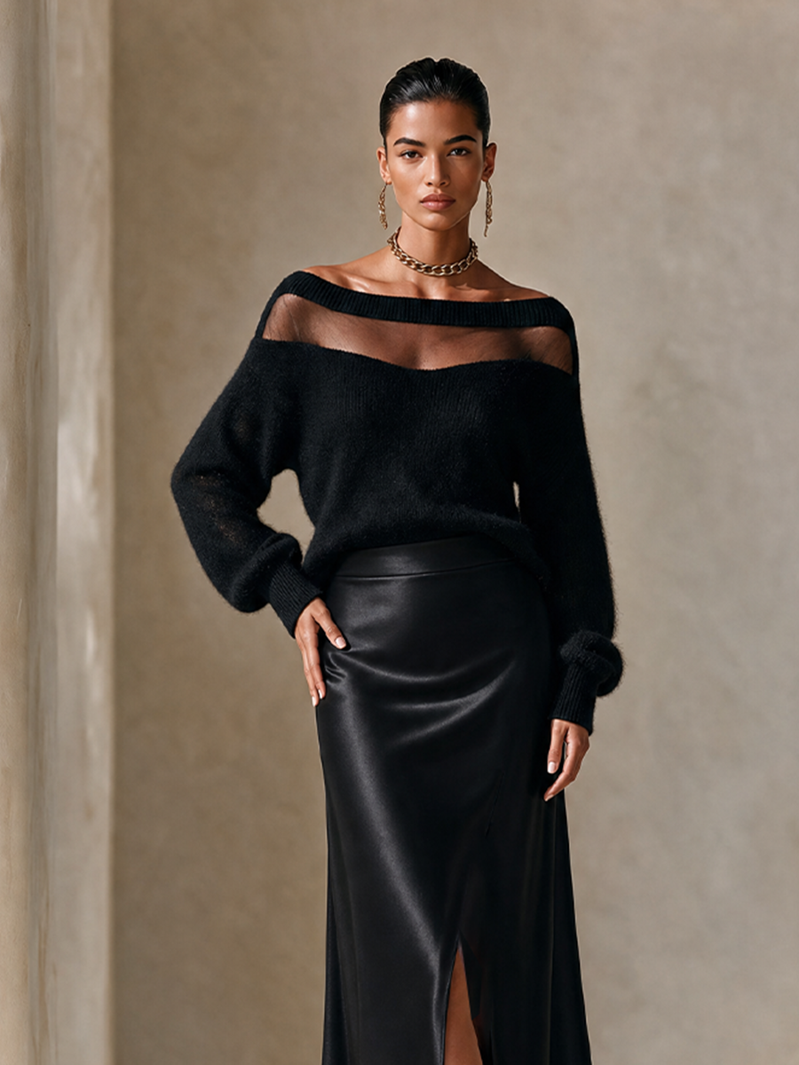 Women's Sheer Mesh Off-Shoulder Sweater Satin Slit Skirt Set MDZ0165I6LYL