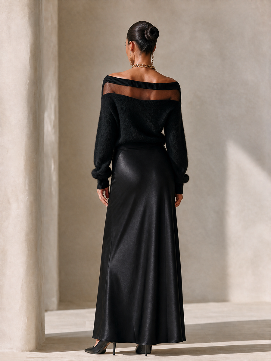 Women's Sheer Mesh Off-Shoulder Sweater Satin Slit Skirt Set MDZ0165I6LYL