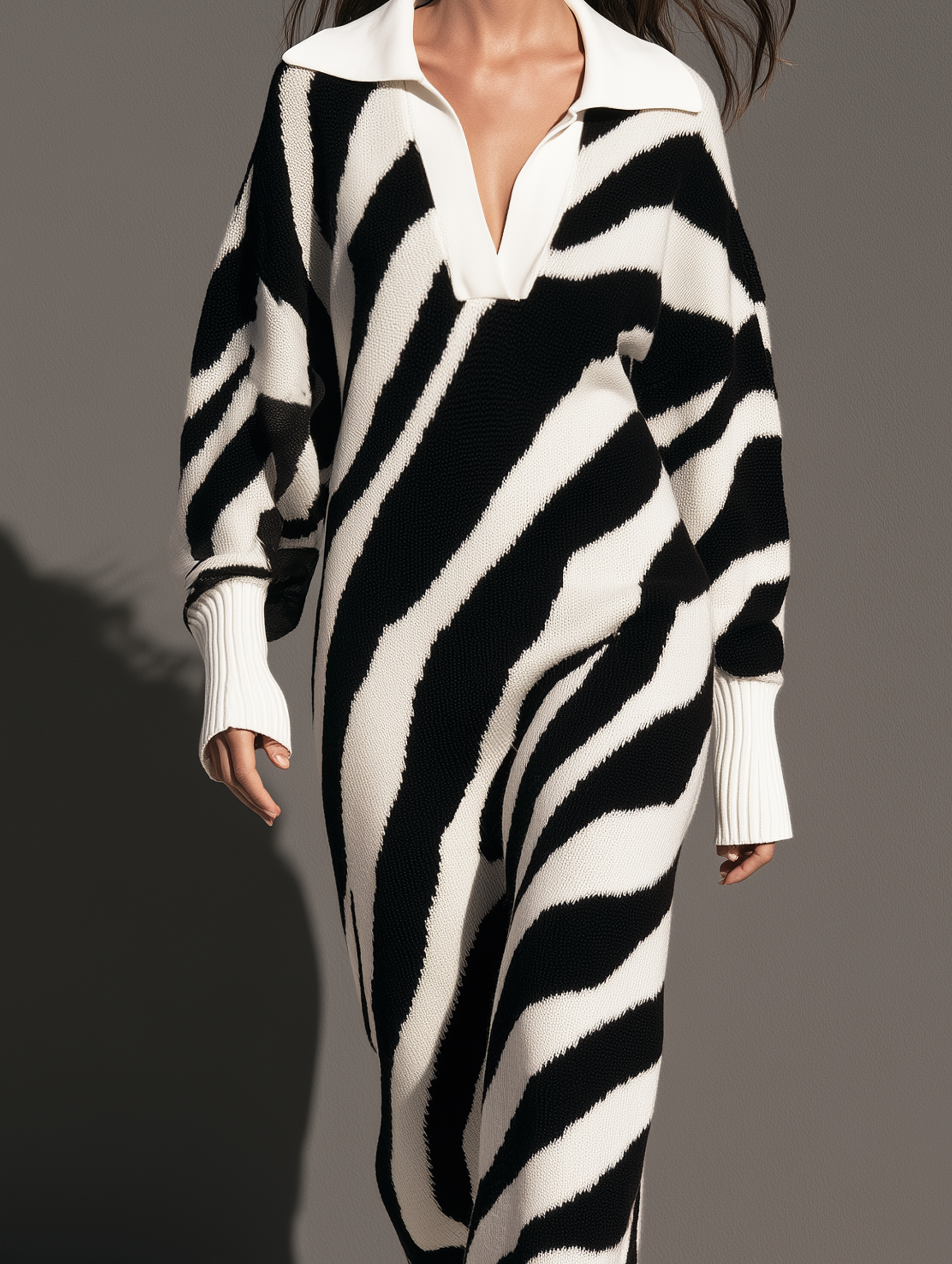Women's Casual Black And White Zebra-Print Knit Maxi Dress MDZ0147I0LXY