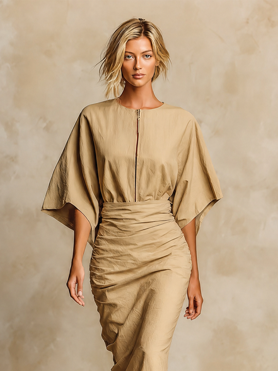 Women's Ruched Batwing Sleeve Zip Front Bodycon Skirt Set MDZ0125I2LYL