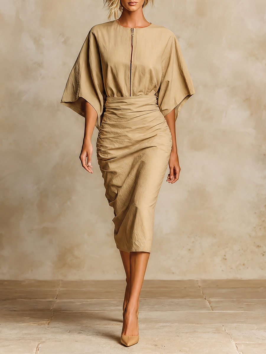 Women's Ruched Batwing Sleeve Zip Front Bodycon Skirt Set MDZ0125I2LYL