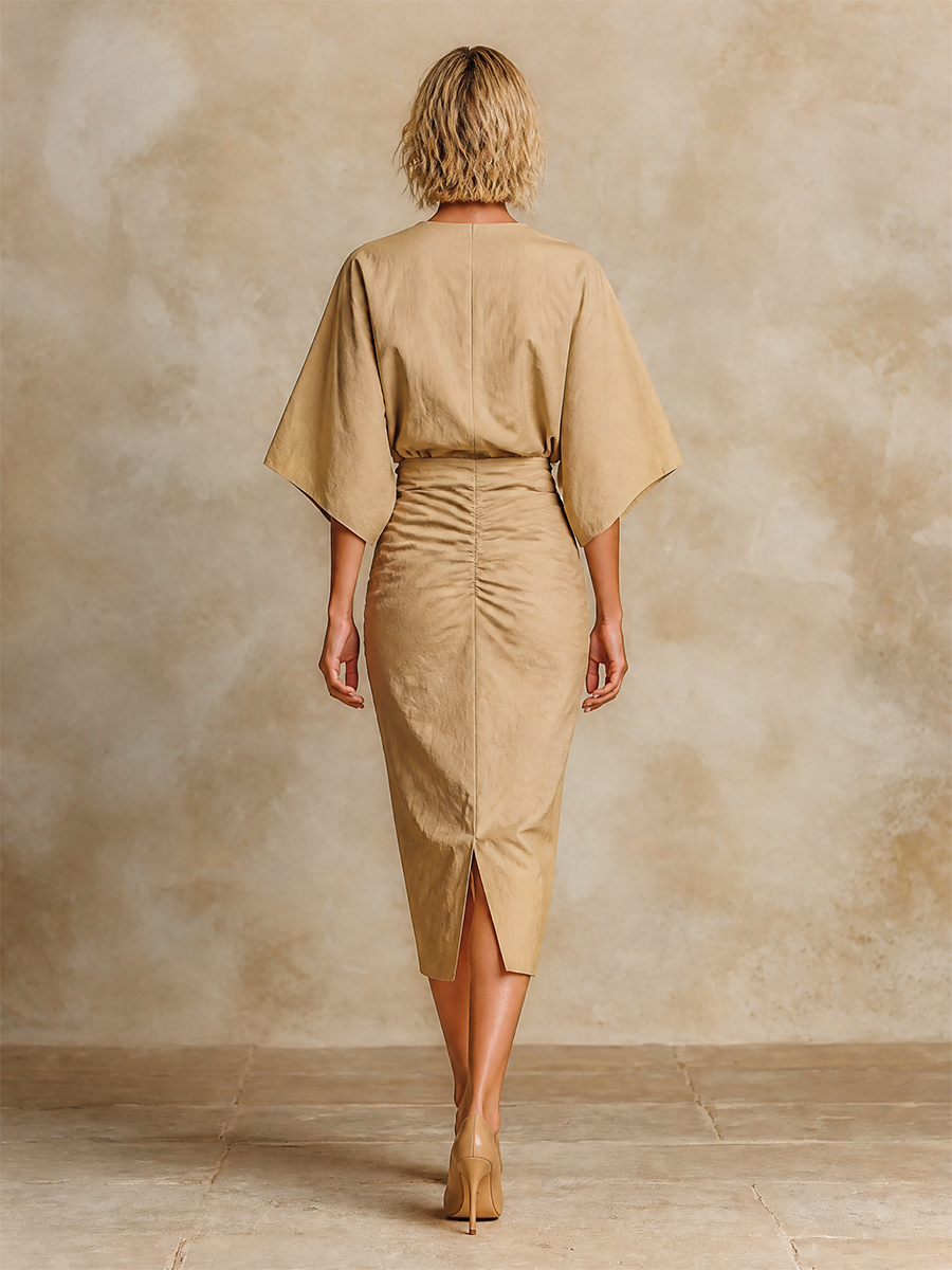 Women's Ruched Batwing Sleeve Zip Front Bodycon Skirt Set MDZ0125I2LYL