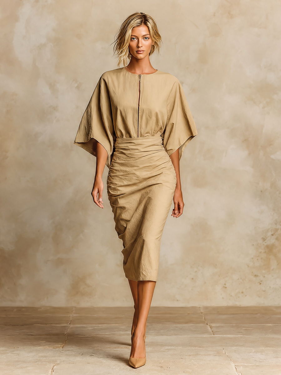 Women's Ruched Batwing Sleeve Zip Front Bodycon Skirt Set MDZ0125I2LYL