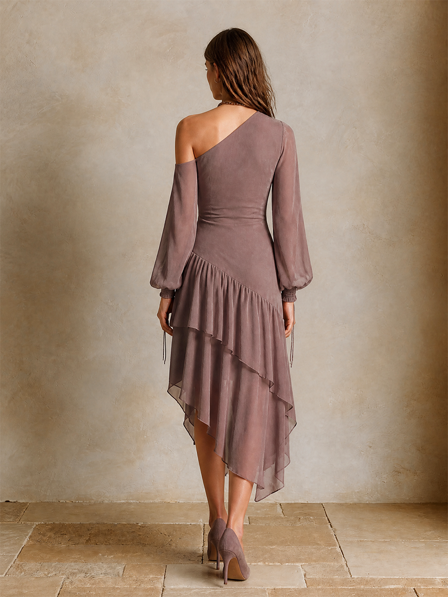 Women's One Shoulder Ruffle Hem Asymmetric Chiffon Midi Dress MDZ0104I9LYL