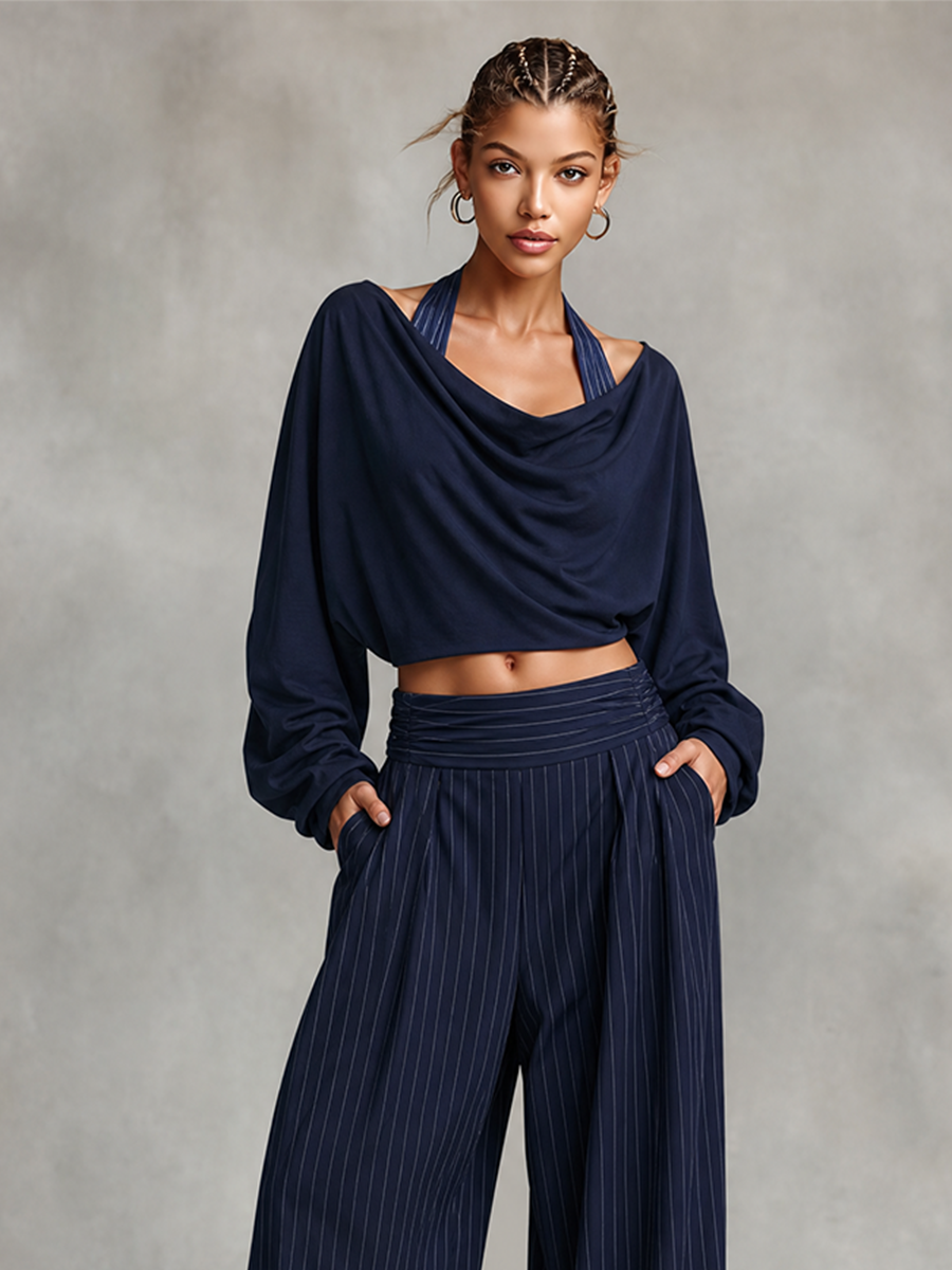 Women's Cowl Neck Crop Top Pinstripe Wide Leg Pants Set MDZ0191I9LYL