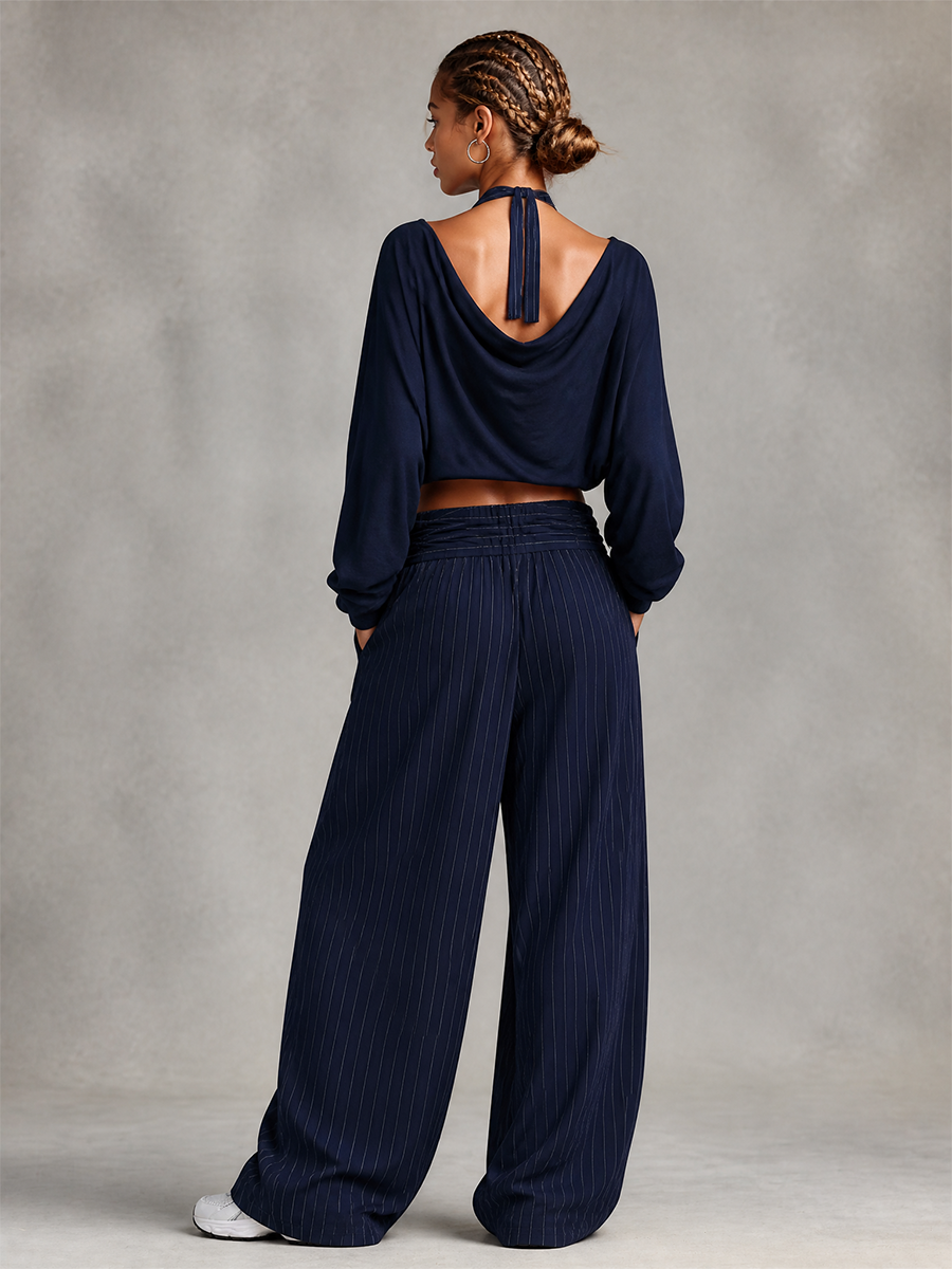 Women's Cowl Neck Crop Top Pinstripe Wide Leg Pants Set MDZ0191I9LYL