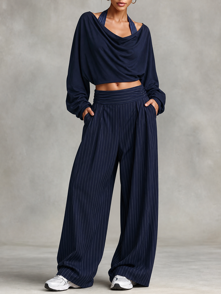 Women's Cowl Neck Crop Top Pinstripe Wide Leg Pants Set MDZ0191I9LYL