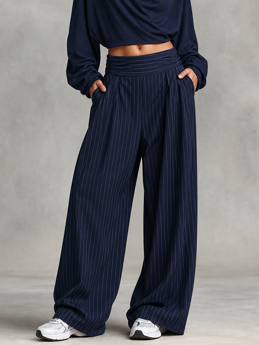 Women's Cowl Neck Crop Top Pinstripe Wide Leg Pants Set MDZ0191I9LYL