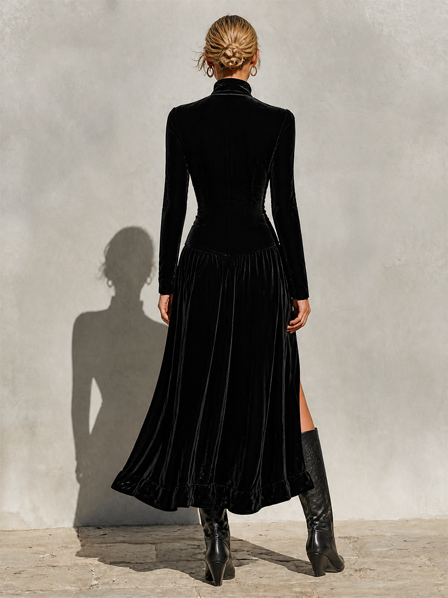 Women's Velvet Stand Collar Button Front Slit Maxi Dress MDZ0165I9LYL