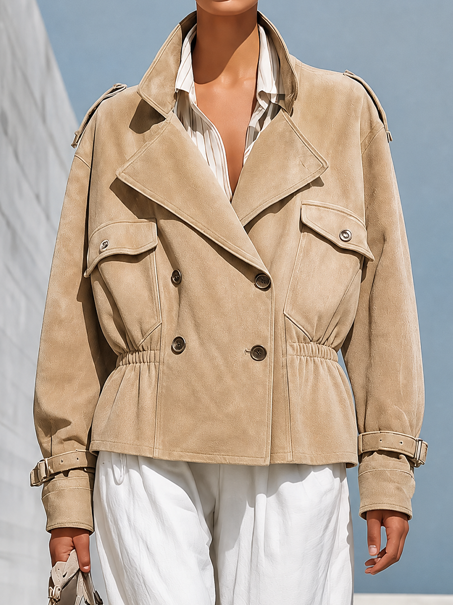 Women's Notched Lapel Utility Pocket Beige Jacket MDZ0113I0YZJ
