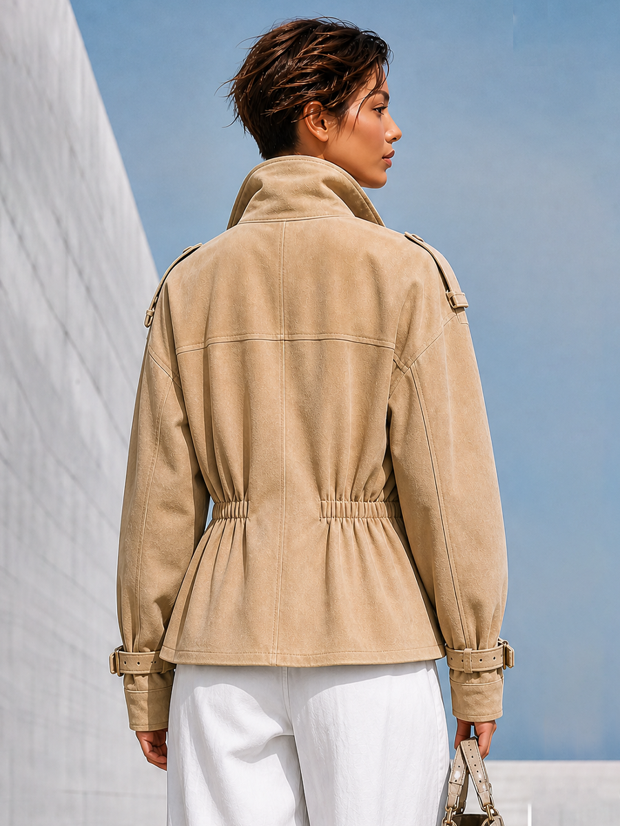 Women's Notched Lapel Utility Pocket Beige Jacket MDZ0113I0YZJ