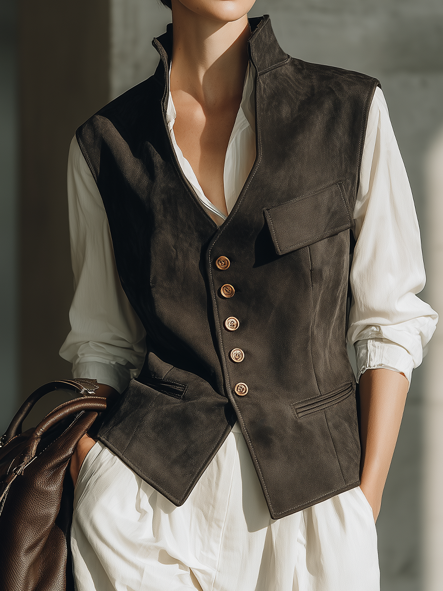 Women's Utility Pocket Button Front Brown Vest MDZ0108I7YZJ