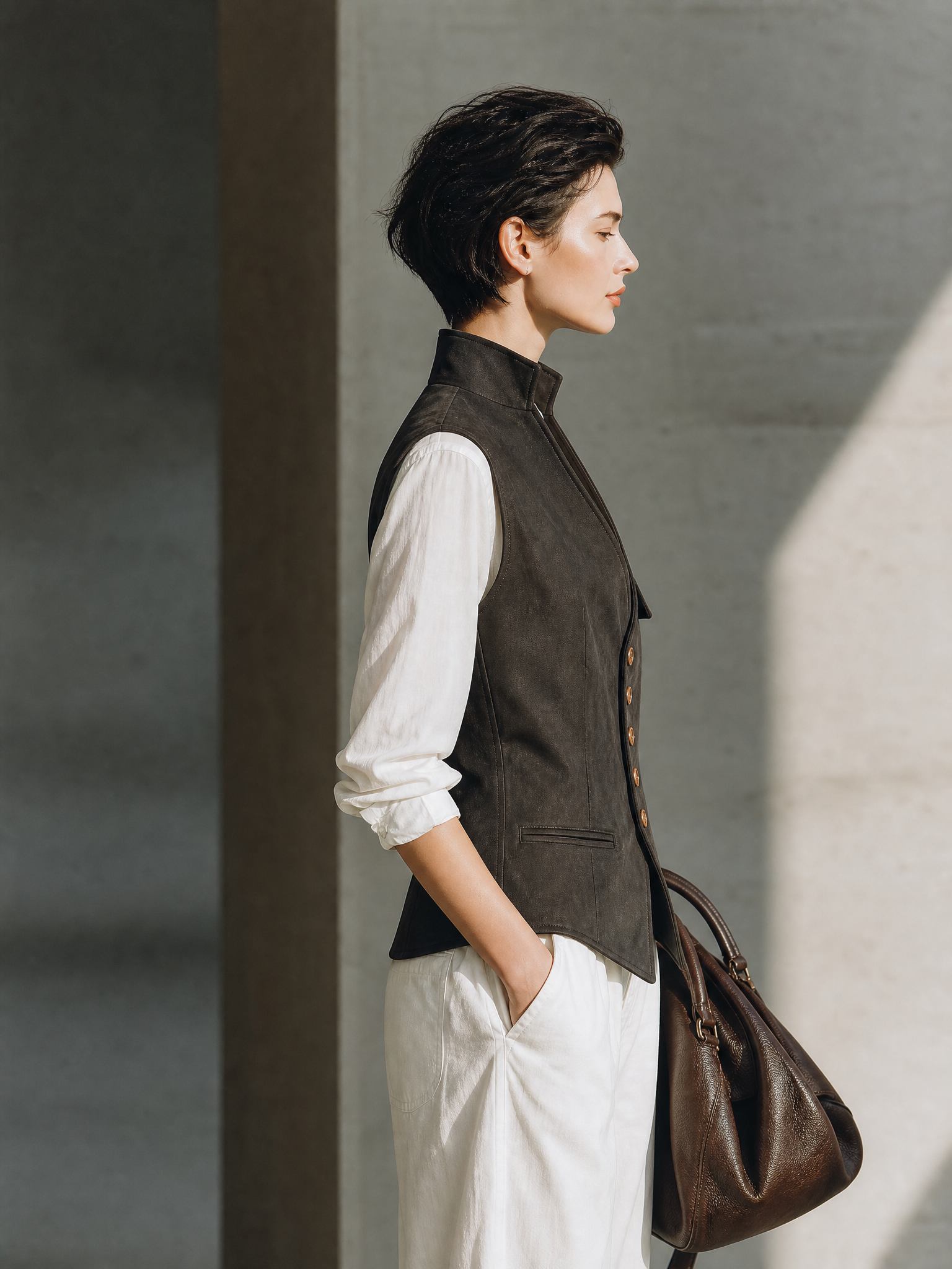 Women's Utility Pocket Button Front Brown Vest MDZ0108I7YZJ
