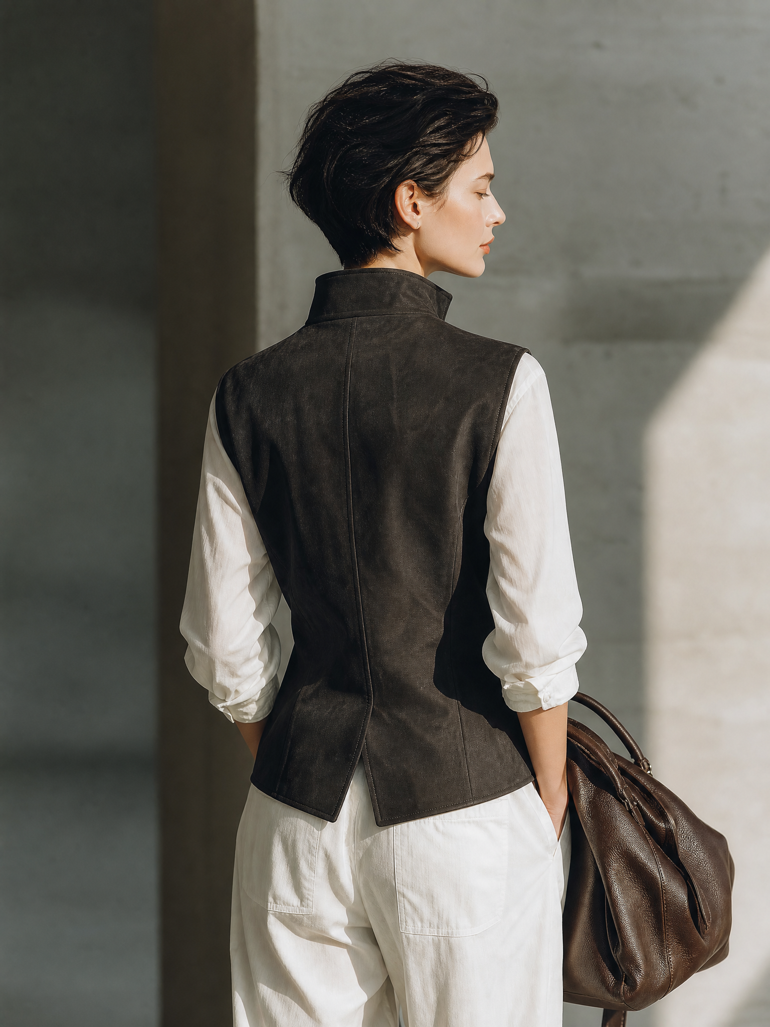 Women's Utility Pocket Button Front Brown Vest MDZ0108I7YZJ