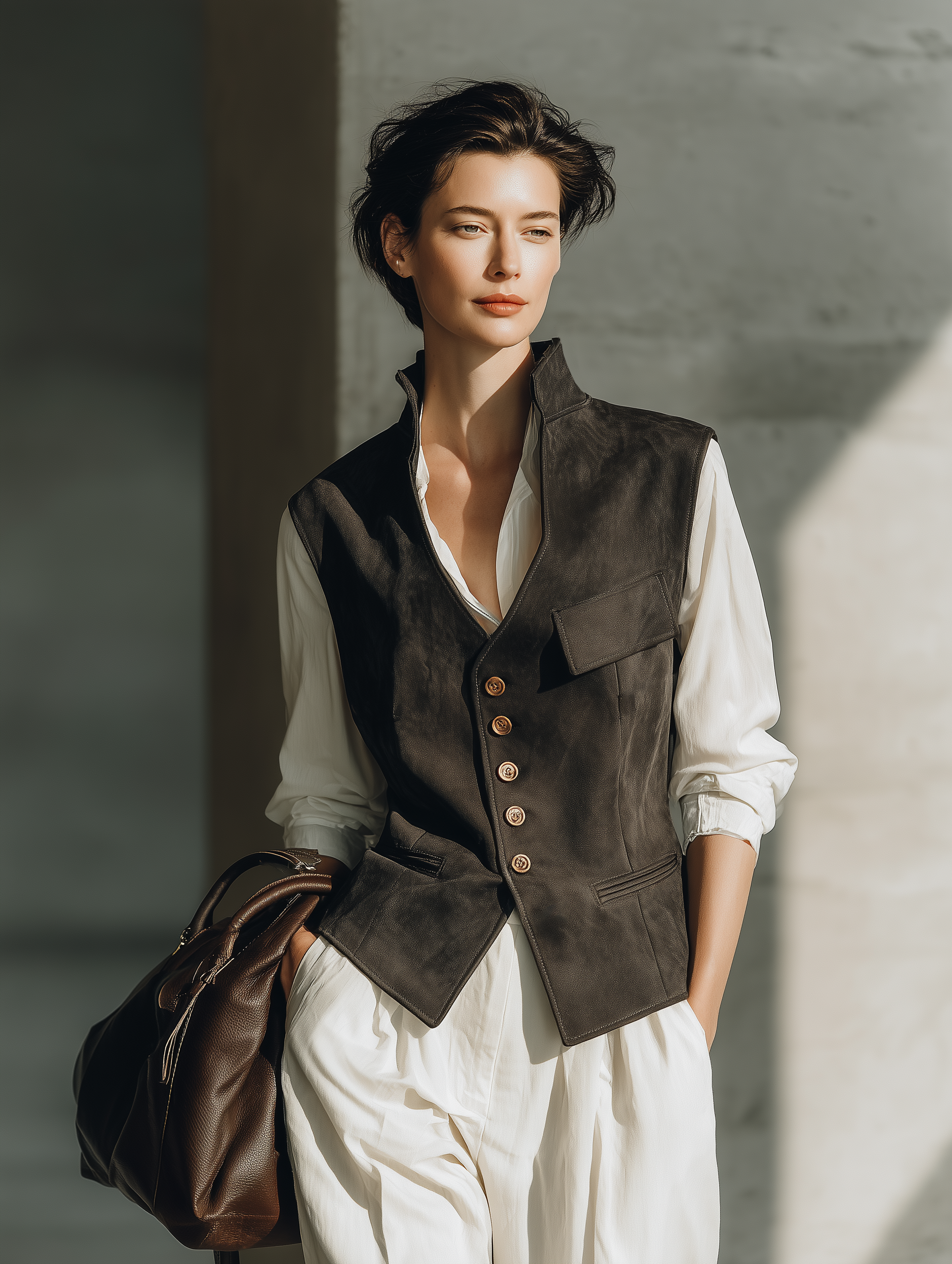 Women's Utility Pocket Button Front Brown Vest MDZ0108I7YZJ