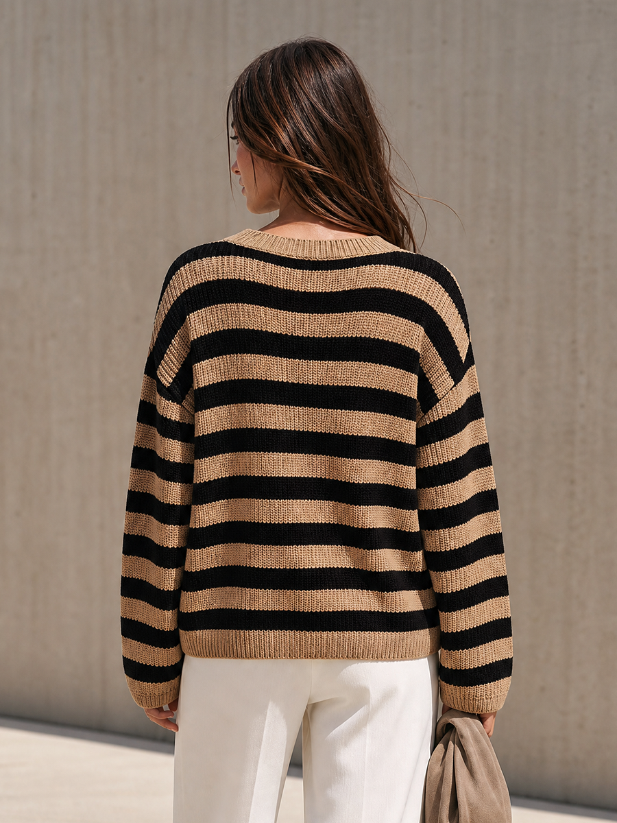 Women's Striped Knit V Neck Beige Black Sweater MDZ0169I3YZJ