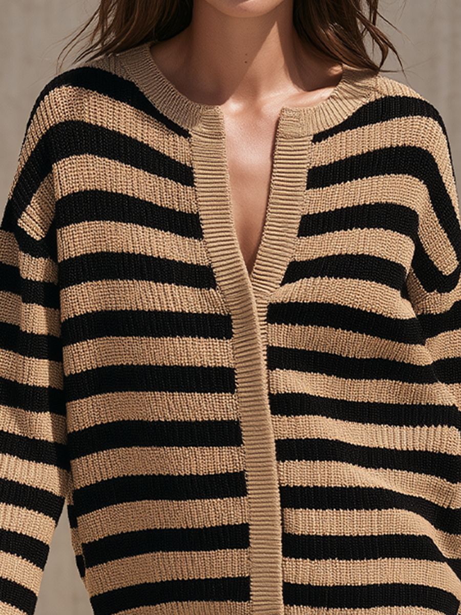 Women's Striped Knit V Neck Beige Black Sweater MDZ0169I3YZJ