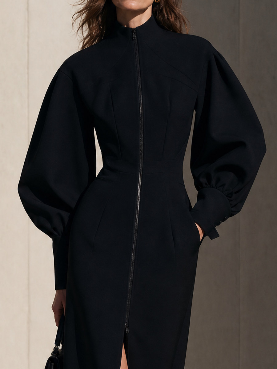 Women's Zip Front Puff Sleeve Black Maxi Dress MDZ0165I7YZJ