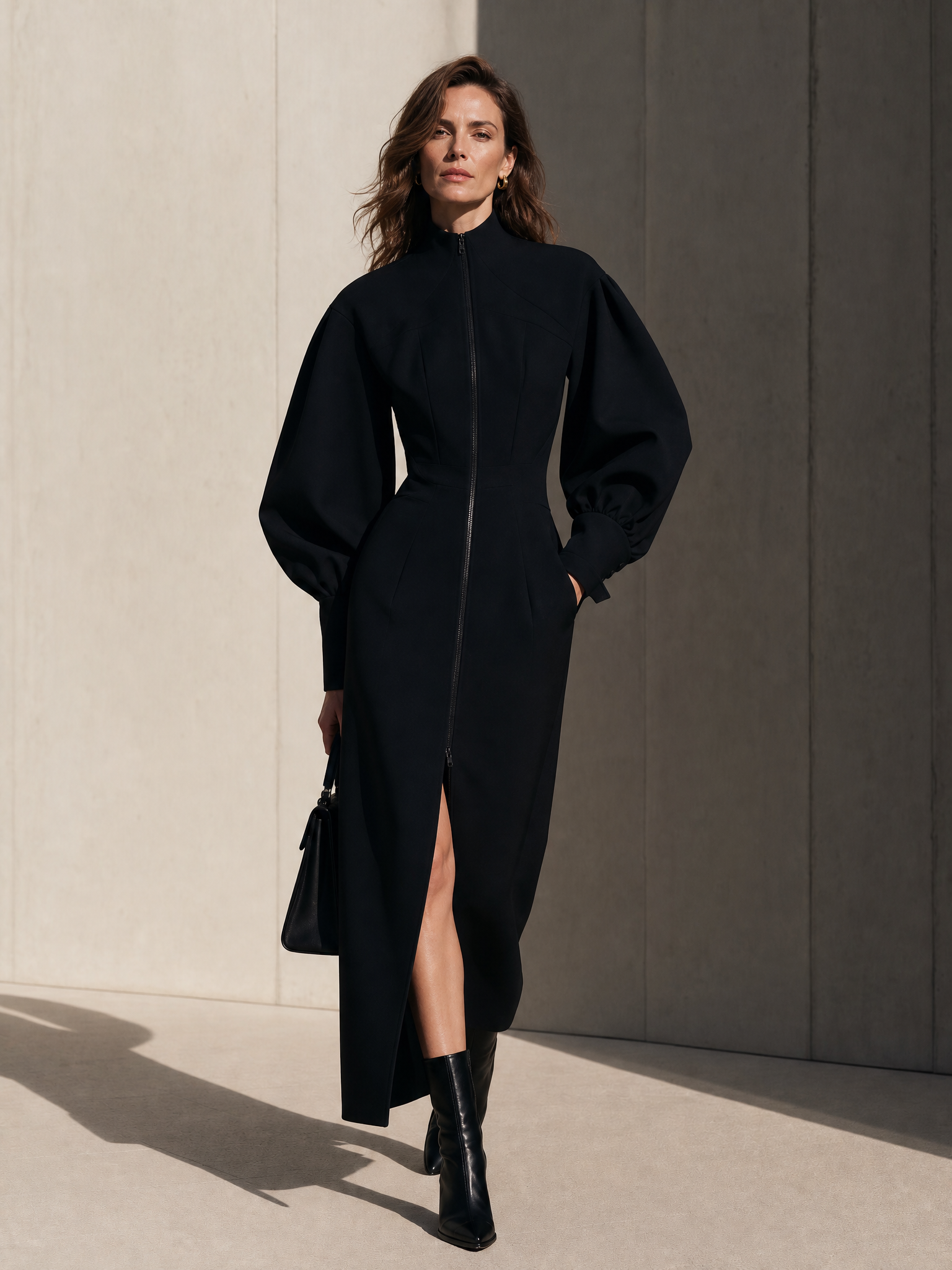 Women's Zip Front Puff Sleeve Black Maxi Dress MDZ0165I7YZJ
