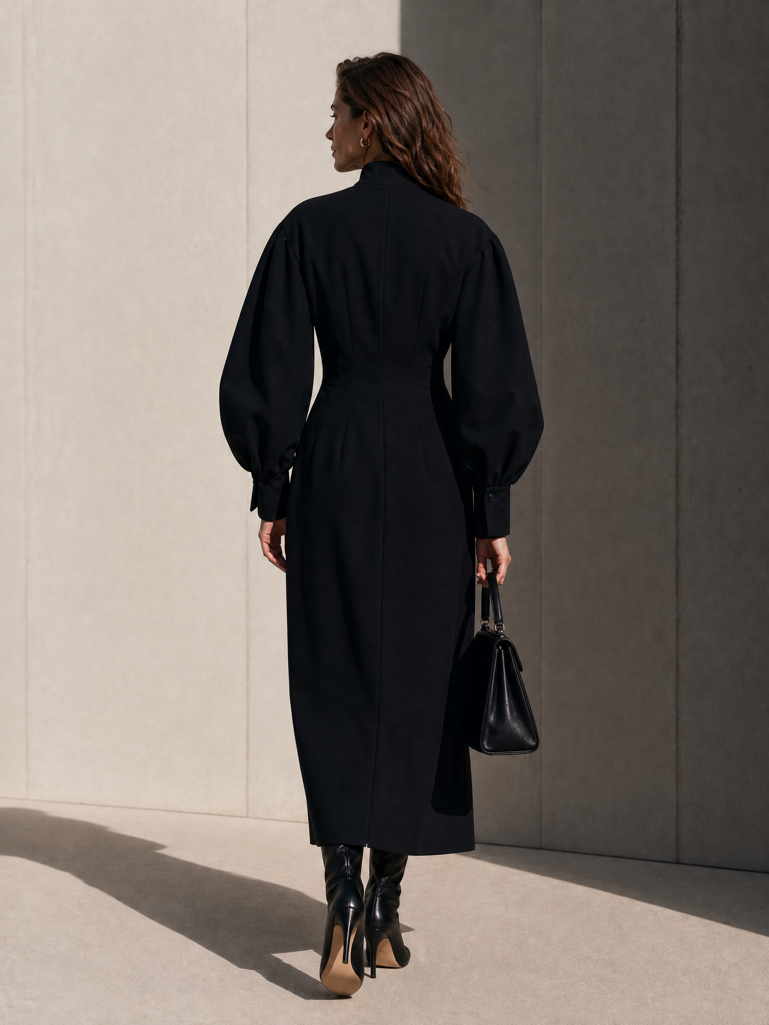 Women's Zip Front Puff Sleeve Black Maxi Dress MDZ0165I7YZJ