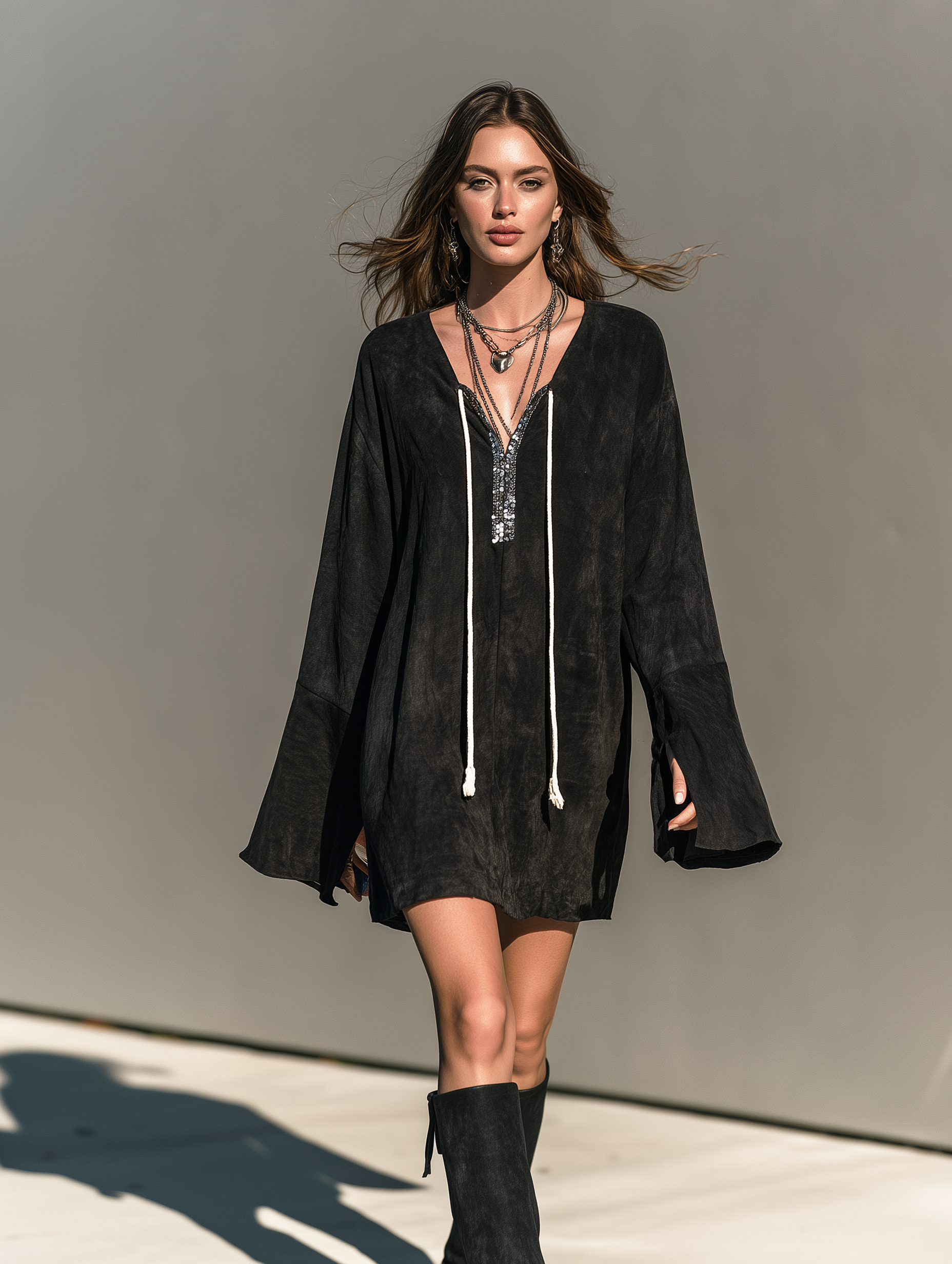 Women's Casual Black Eco-Friendly Suede And Sequin V-Neck Long-Sleeve Mini Dress MDZ0104I3LXY